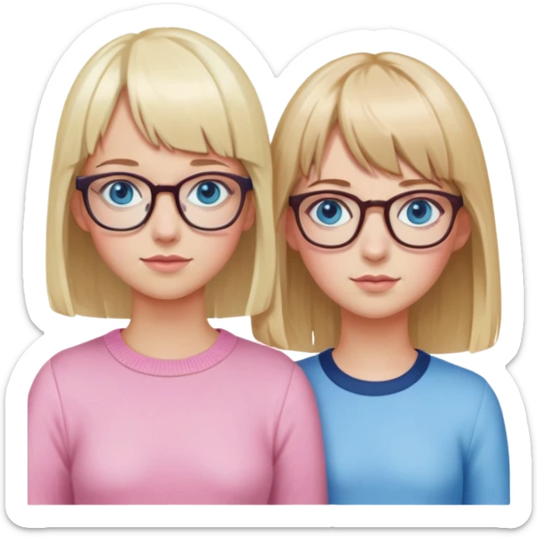 Can you make two girls, one tall one with, glasses blue eyes and blond shoulder length hair and bangs, and one with glasses, short pink hair, brown roots and blue eyes and bangs. sticker
