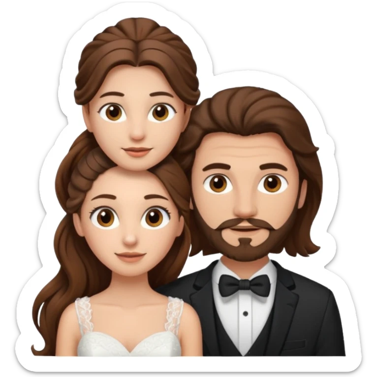 wedding couple woman with long straight brown hair and eyes man with long brown curly hair in pony tail and facial hair sticker