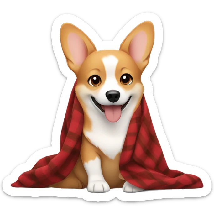 A girl with blonde hair is sitting under a blanket with a black-red-brown corgi sticker