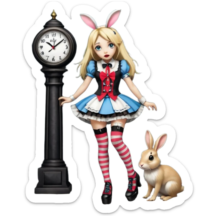  3d rendering,  ultra detailed, Alice in wonderland modern style in a punk gothic style outfit, stripped knee high socks, gothic platform heels, long blonde hair, eyeliner, red lipstick, falling through rabbit hole, with the clock,  transparent background
 sticker