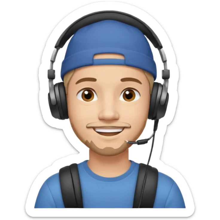 Only the head of a young guy smiling with headphones in his ears and a cap on his head turned back. sticker