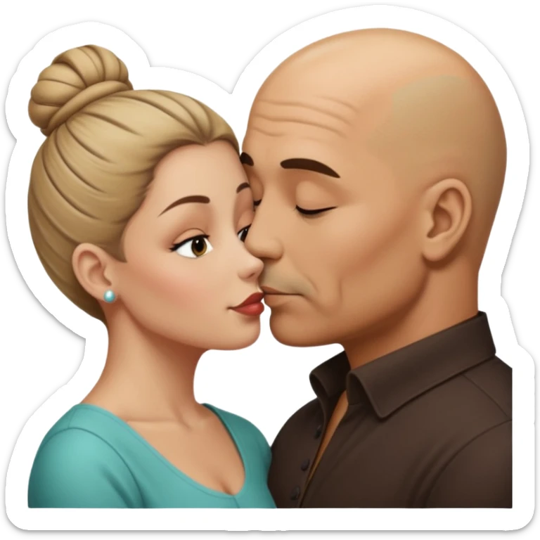 Mid aged Hispanic bald man kissing mid aged dark blonde white woman. She’s wearing a bun. sticker