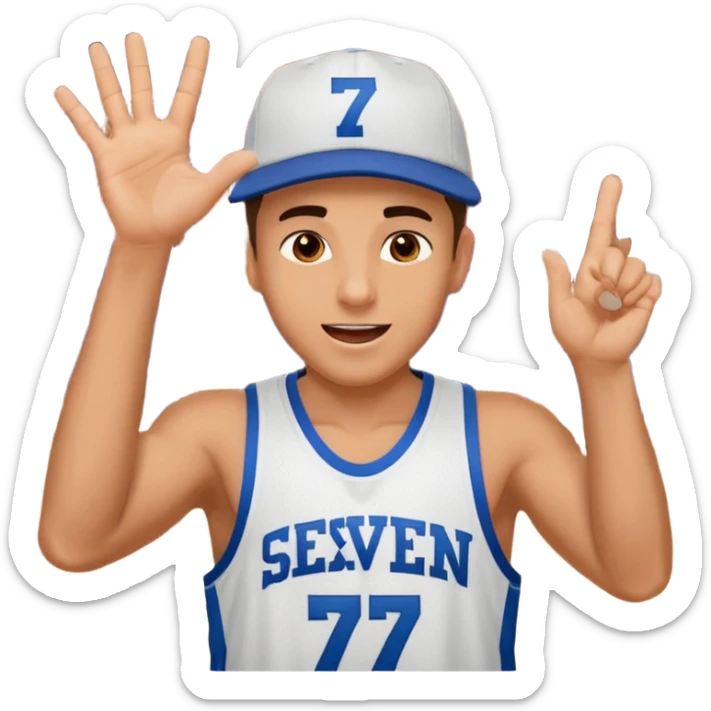 Maverick Trevillian in the crowd at an amateur basketball game. He leans towards the camera and enthusiastically shouts "six seven while performing a distinctive hand gesture: both hands open, palms facing upward, moving up and down as if weighing two options. sticker