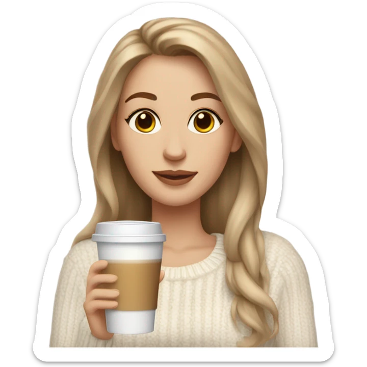 Beautiful white woman mom, long light brown hair, brown eyes, cozy holding an iced coffee, white sweater sticker