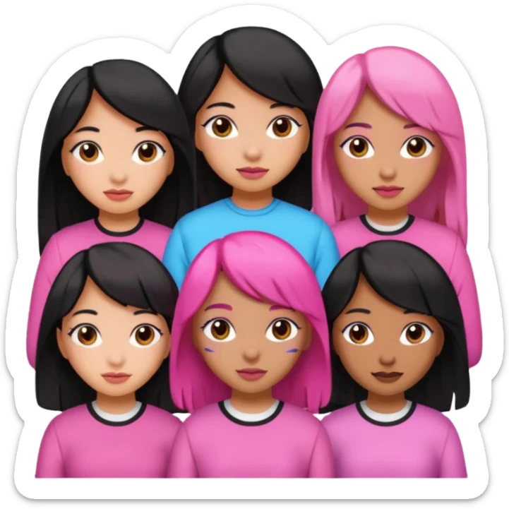 Katseye music group 6 members all girl 2 brown girl 1 korean 1 latina 1 girl with black hair pink highlights sticker