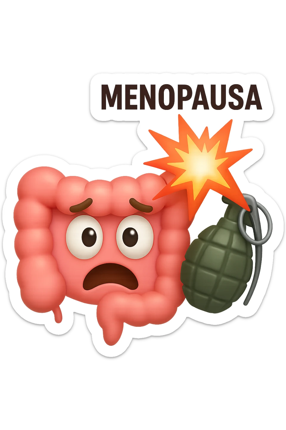 EMOJI STILE IPHONE 3D DI INTESTINO 3D CON ESPRESSIONE SPAVENTATA IN VOLTO MENTRE ACCANTO A LUI SCOPPIA UNA GRANATA 3D CON LA SCRITTA "MENOPAUSA" SOPRA, FAGLI ANCHE LA PARTE BIANCA DEGLI OCCHI, NON SOLO LA PUPILLA sticker