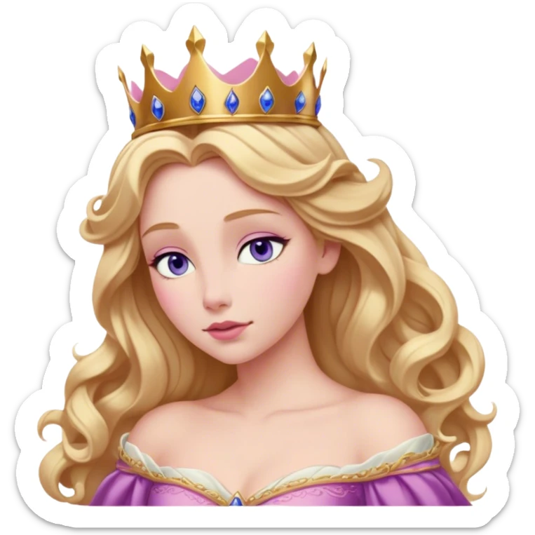 Cinematic Realistic Sleeping Beauty (Aurora) Portrait, with porcelain-like skin featuring a natural rosy flush, illuminated by soft lighting that highlights the gentle contours of her face. Her golden blonde hair flows in soft, detailed waves with subtle highlights that shimmer in the light. Her deep violet-blue eyes radiate warmth and innocence, framed by arched brows and long lashes. Her serene expression exudes quiet elegance. She is dressed in her classic pink gown, the fabric rich in texture with delicate folds that catch the light. A golden crown rests atop her head, gleaming with royal refinement. The portrait captures a soft, glowing aura, blending realism with an ethereal sense of beauty and timeless enchantment. sticker