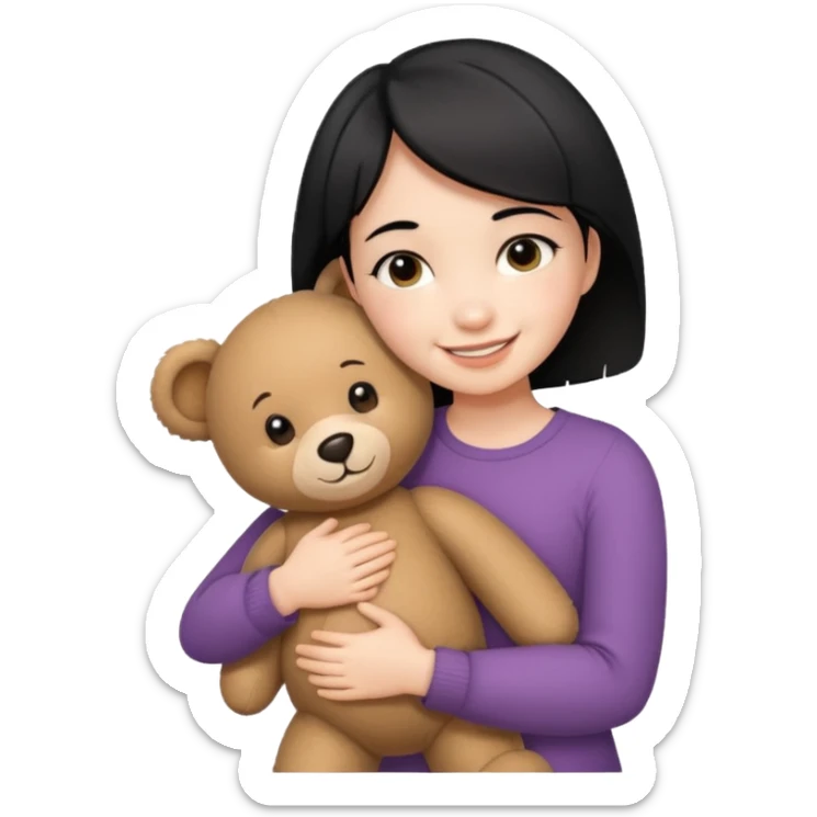 make an emoji a girl with short black hair hugging teddy bear and smile happiest sticker