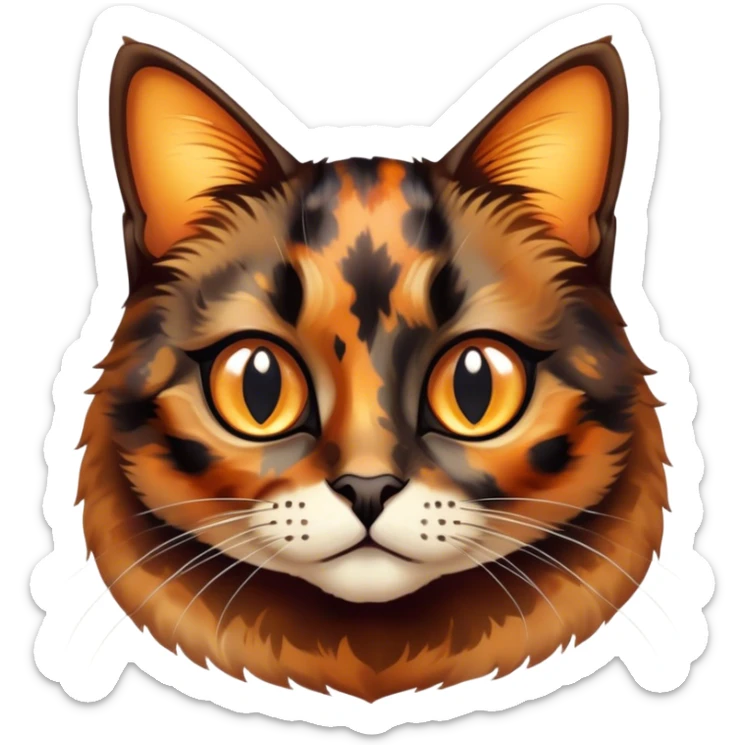 Cinematic Cute Tortoiseshell Cat Portrait Emoji, Head cocked sweetly with bright, curious eyes and a cuddly, mottled fur of rich browns and blacks, simplified yet charmingly adorable, highly detailed, glowing with a warm, gentle radiance, high shine, playful and endearing, styled with a dash of whimsical feline magic, soft glowing outline, capturing the essence of a cute tortoiseshell cat that seems ready to pounce with affectionate mischief! sticker