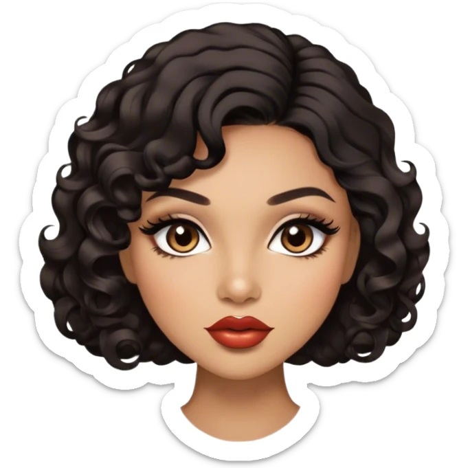 Glamourous, light brown skin tone, very beautiful woman, with big plump lips, long long lashes, black curly smooth short hair, straight parting hair, brown eyes sticker