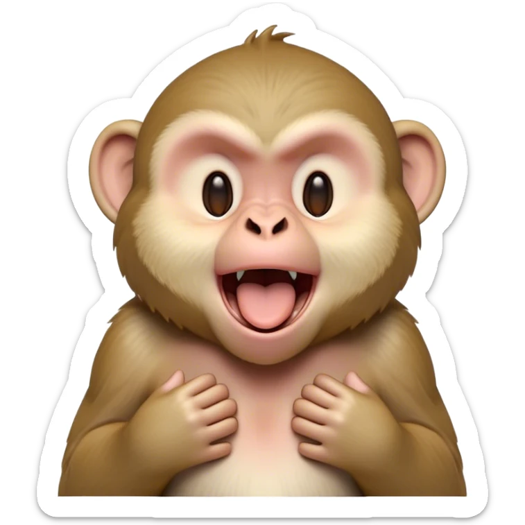 Cinematic Cute Yawning Macaque Portrait Emoji, Head tilted slightly with a dramatic, wide-open yawn, showcasing a gently textured face with half-closed, sleepy eyes and an open, relaxed mouth, Simplified yet irresistibly adorable features, highly detailed, glowing with a soft, cozy glow, high shine, relaxed yet expressive, stylized with a dash of whimsical charm, soft glowing outline, capturing the essence of a drowsy yet affectionate primate that appears ready to stretch out for a nap! sticker