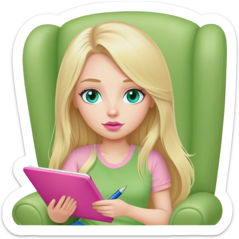 Cinematic realistic blonde with long hair, blue eyes and pink lips, dressed in a green T-shirt, sits in a beige armchair with a pink notebook and pen in her hands sticker