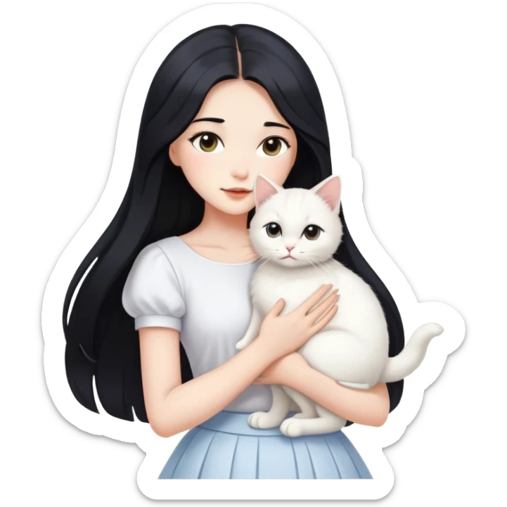 A beautiful girl with long black hair wearing a white skirt holds a cute white cat in her arms sticker