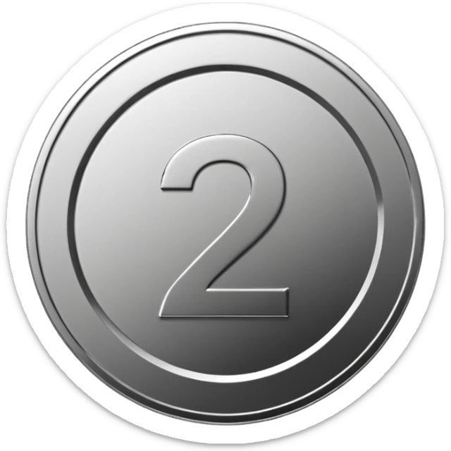 Emoji icon of a metal coin with engraved number 2, minimalist style, isolated, only metal color sticker