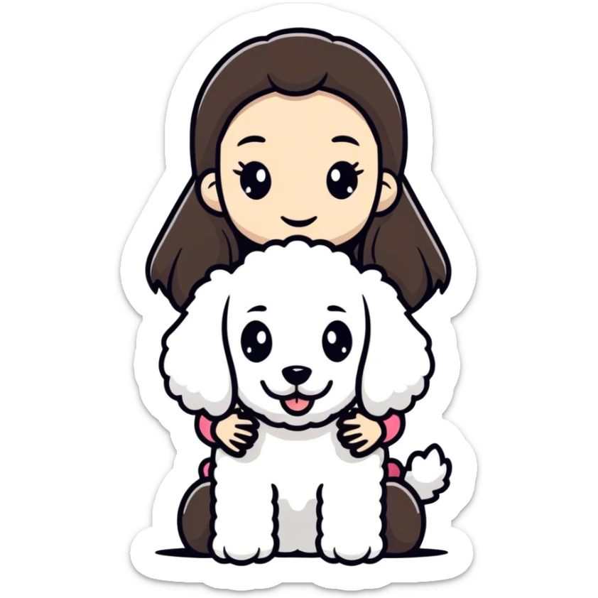 Brunette girl with long straight hair holding a white poodle dog with a black head and ears sticker