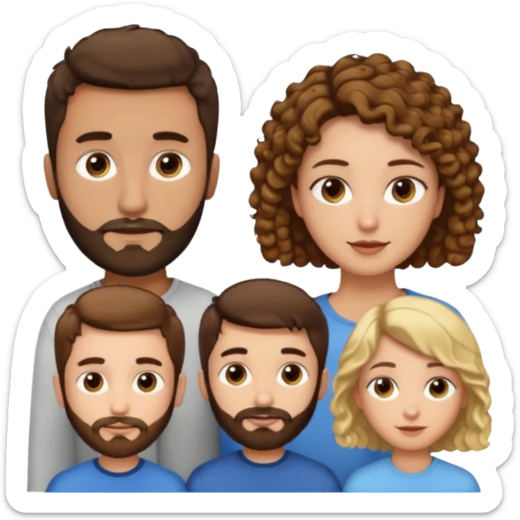 Gars cheveux bruns courts et barbe très courte, un gars avec cheveux bruns courts et barbe très courte, 1 fille cheveux bruns longs frisés, 1 fille cheveux longs blonds plats sticker