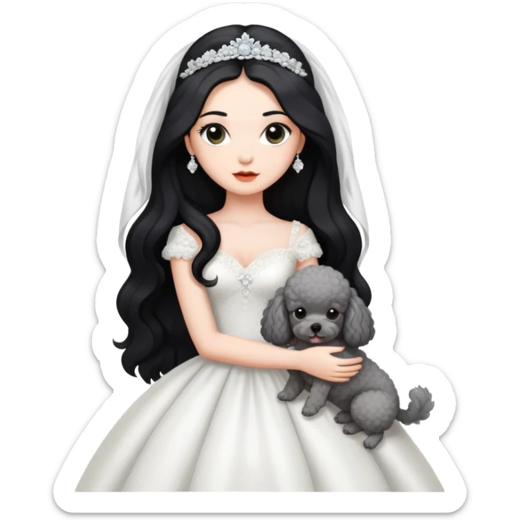 A beautiful girl with long black hair in a wedding dress holds a small gray poodle sticker