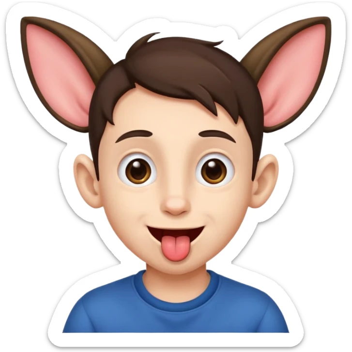 a brunette boy with small eyes with big human ears and with his tongue out sticker
