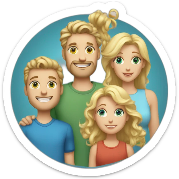 A family with a blond white green eyed girl (the mother) a white guy with huge jawline and blue eyes, curly blond hair (the father), Two twin 10 years old boys  sticker