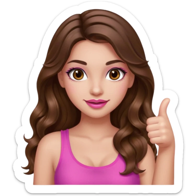 girl with long wavy brown hair, brown eyes, long lashes makeup, sexy pink lips, light to medium complexion, wearing a pink sexy top, thumbs up sticker
