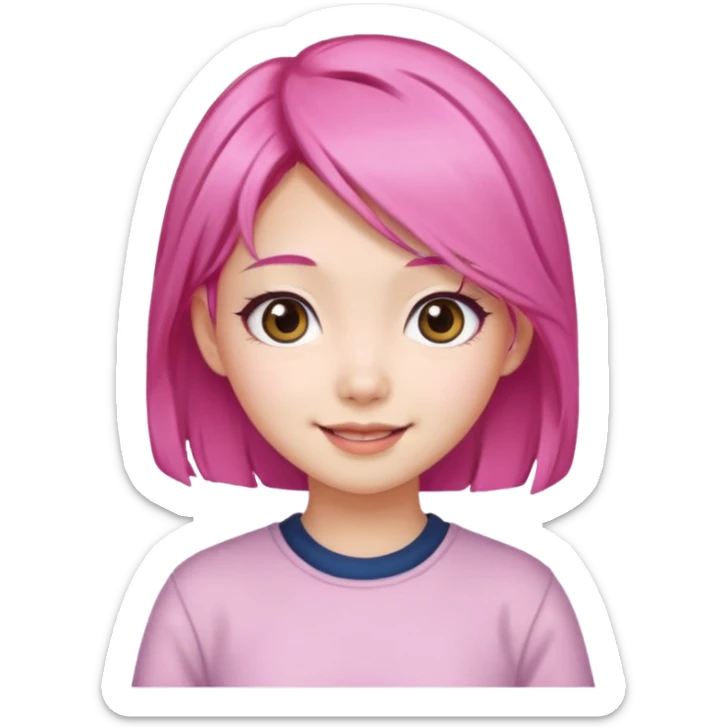 An Asian girl with  pink hair, big eyes,sweet
 sticker