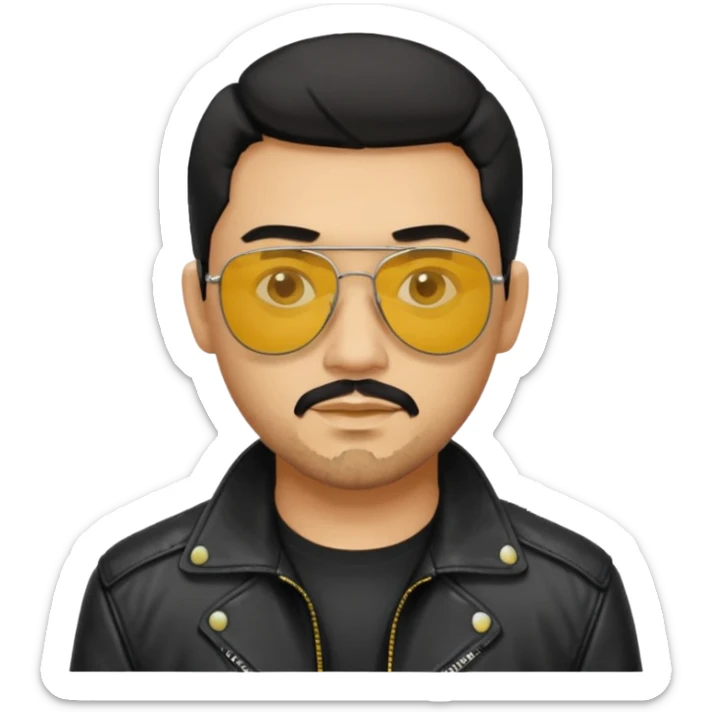 A man with middle part black hair sunglasses with yellowish glasses And black jacket. Goatee short black beard sticker