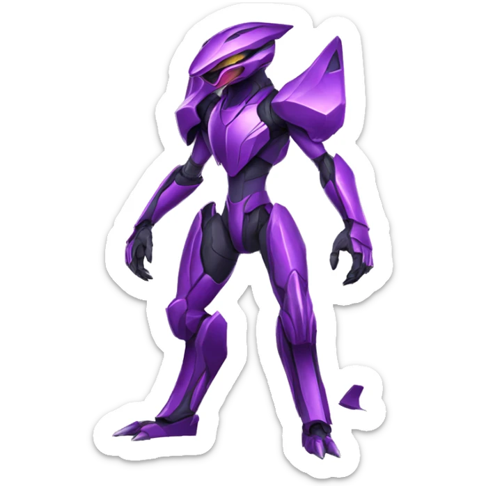 a shiny purple Genesect-Raptor-Fakémon—hybrid with a futuristic visor-helmet full body sticker