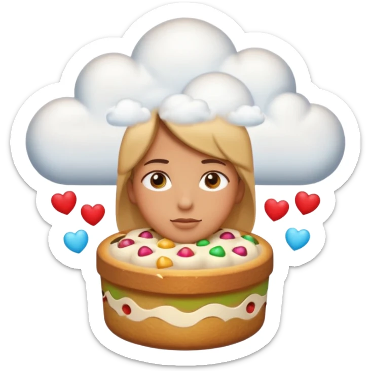 Apple-style emoji illustration of a person with dreamy eyes, and avobe them a thinking cloud with a traditionmal panettone inside, small hearts floating around, soft 3D emoji style, smooth gradients, rounded shapes, warm festive colors, simple expression. sticker