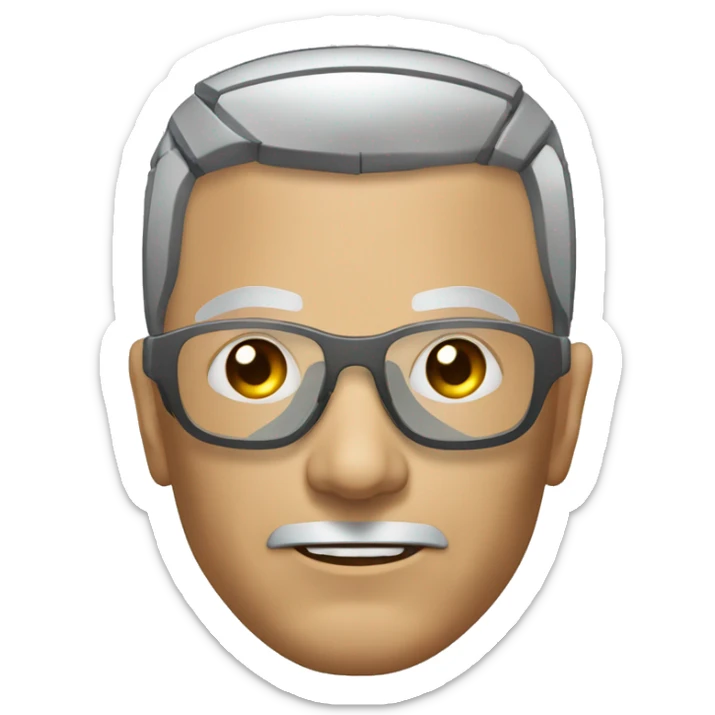 Older Male cyborg head with metallic plated face, brown flat top haircut, glasses and circuitry sticker