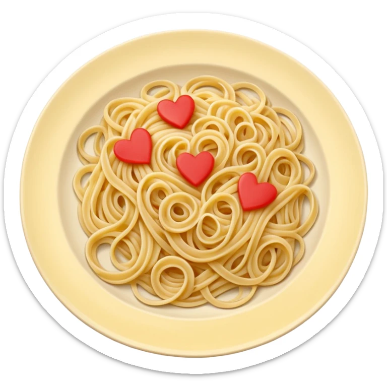 loose tangle of pale yellow cooked spaghetti with soft glossy texture and natural curves, strands slightly twisted and overlapping, freshly prepared dish, no bowl or chopsticks. Add tiny read hearts on the spaghetti sticker