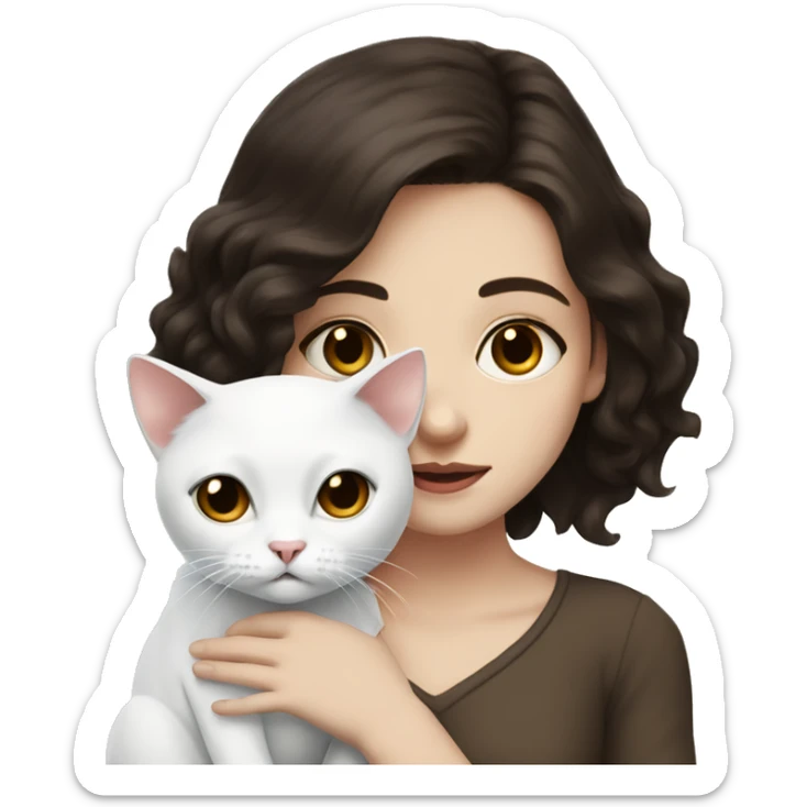 A pale girl with dark brown hair and dark brown eyes holds a white cat and look at the cat sticker