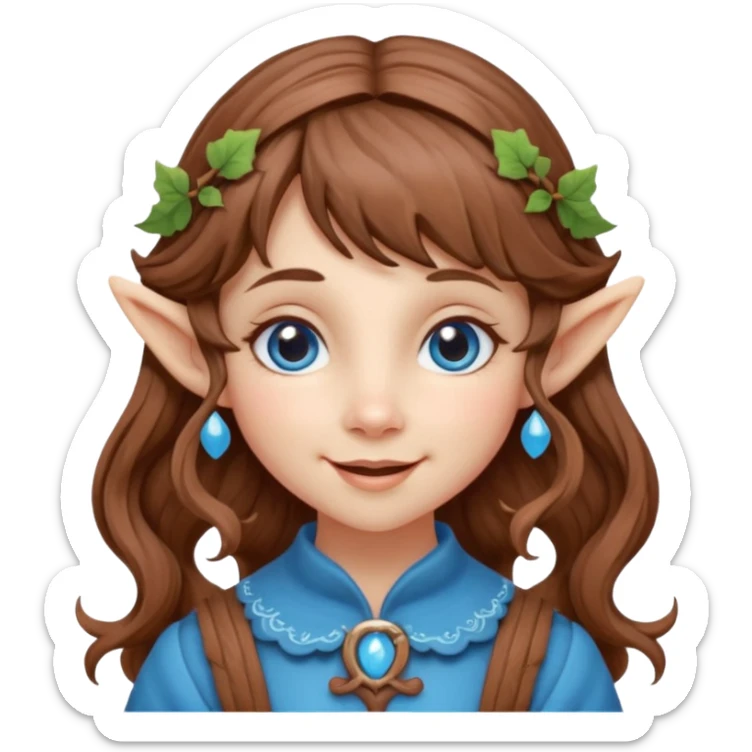 Kind happy whimsical quirky Girl toymaker, wood carving elf. Woodland creator. Blue eyes. brown hair (just below chin length) wavy hair & bangs. Whimsical playful cute sticker