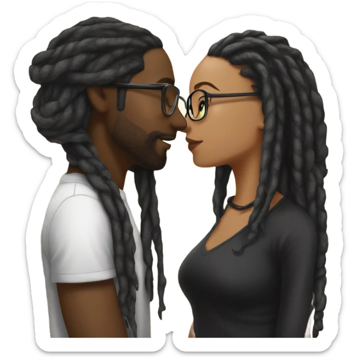 black couple with locs, male lightskin with long black locs, female brown skin with glasses and BLACK locs tied up kissing sticker