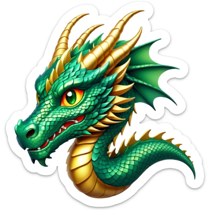 cinematic-noble-dragon-portrait-emoji,-poised-and-majestic,-with-a-sinuous,-elongated-body-covered-in-intricately-detailed,-shimmering-scales-in-hues-of-emerald-and-gold,-and-piercing,-fiery-eyes-that-reflect-ancient-wisdom; sticker