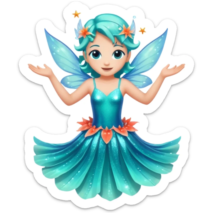 portrait of a small ocean fairy with translucent fins for wings, turquoise skin, coral-like dress, floating above water with sparkles around, joyful pose, front-facing, magical vibe sticker