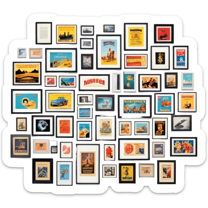 Icon for Photograph and Poster Collecting: a collection of photographs and movie posters, neatly displayed on a wall or in frames. The icon should evoke the nostalgia and artistic value of collecting rare images and posters. Transparent background. sticker