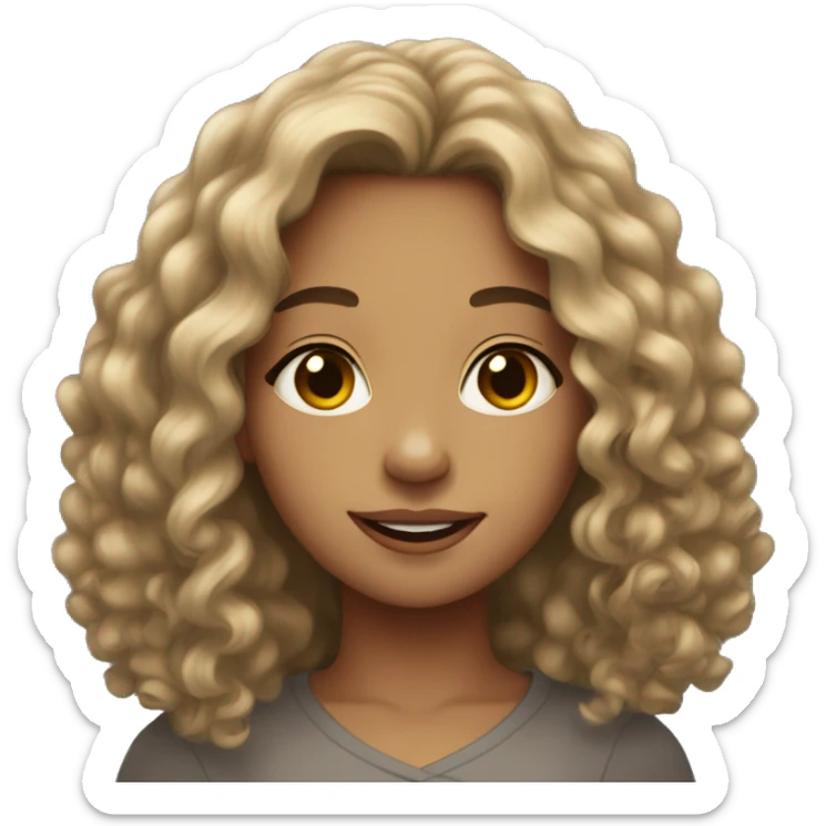 A young woman with light brown skin, soft smile, very long black curly hair  sticker