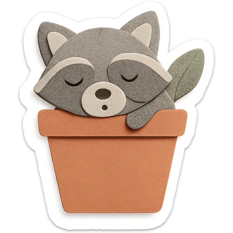 a sleepy raccoon inside a flower pot, pastel earthy colors, paper craft style sticker