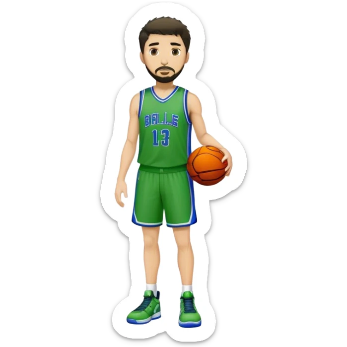 Full Body white male basketball player with short dark shaggy hair and goatee wearing green and blue uniform sticker