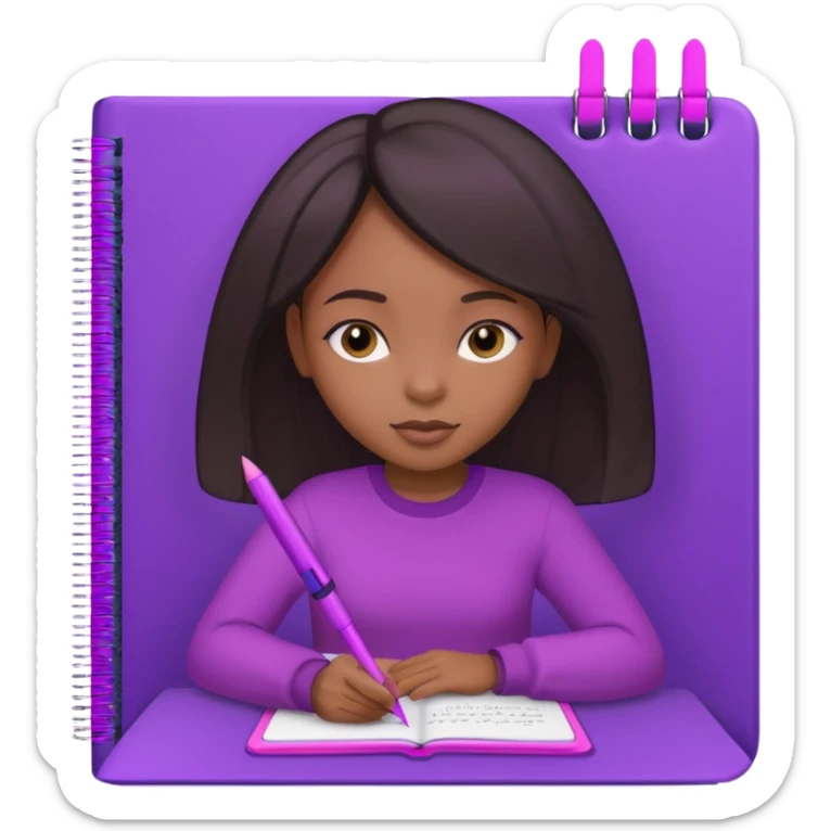 Une fille noir au cheveux lisse qui est entrain d’écrire avec un stylo rose sur un cahier violet sticker