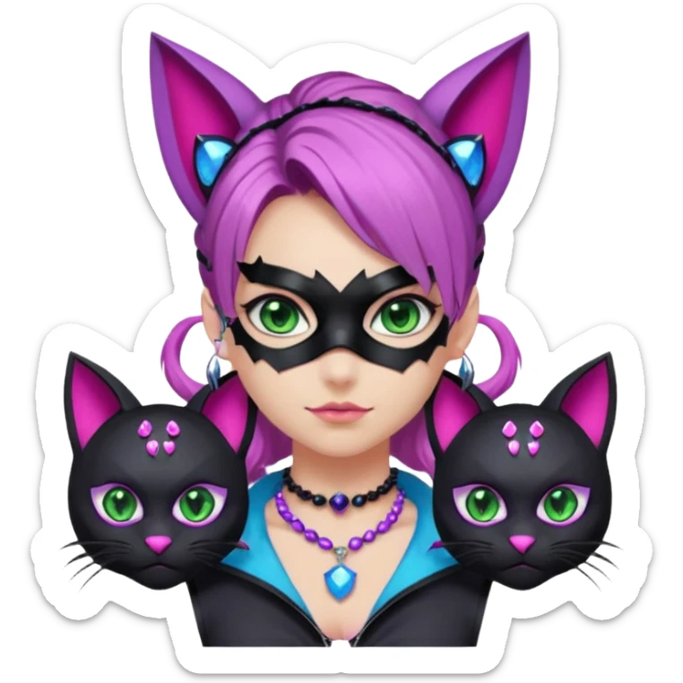 Girl with green eyes, wearing a bat mask with pink stones, and her hair tied in a ponytail, the hair is purple, blue, and pink streaks, with black cat ears with pink stones, wearing a black shirt that covers the neck, and a sleeveless blue jacket, and a necklace of pink stones sticker