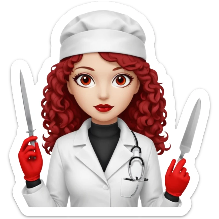 


Scary woman scalpel in hand, evil surgeon sexy surgeon clothes.  She has redcolored  eyes. Her  hair only is free ne brown long curly hair. Wears sexy doctor outfit with red gloves. make her wear full ski mask yo mask and nose mouth mask  to hide. Wears white surgeon coat, wears  stilettos sticker
