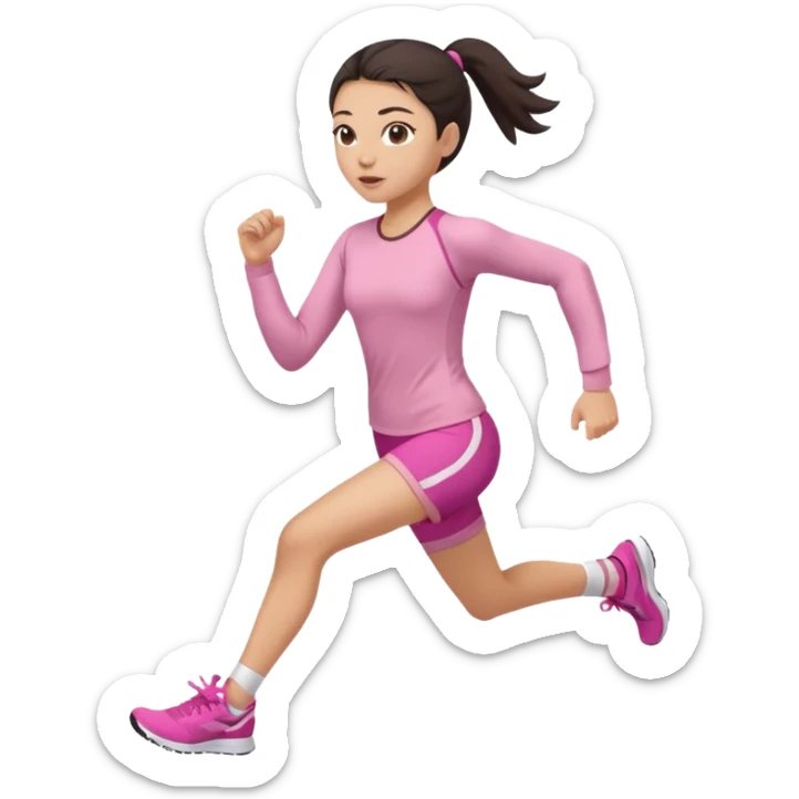 A girl in soft pink sporty tight-fitting clothes, a long-sleeved fitted top and shorts, is running, her hair is dark and straight, pulled back. sticker