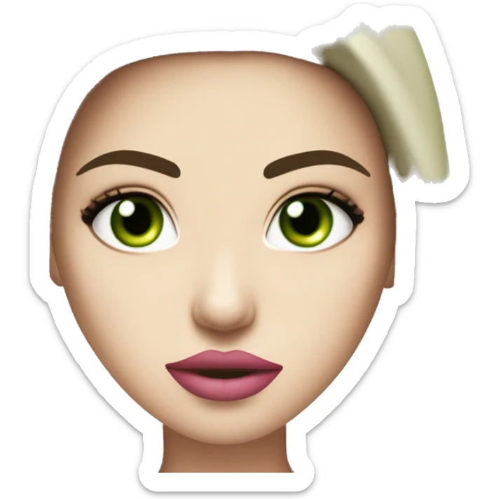 Angry Brunette bombshell supermodel girl with long straight hair, pale skin, pink lips and green eyes. Wearing a cream bustier  sticker