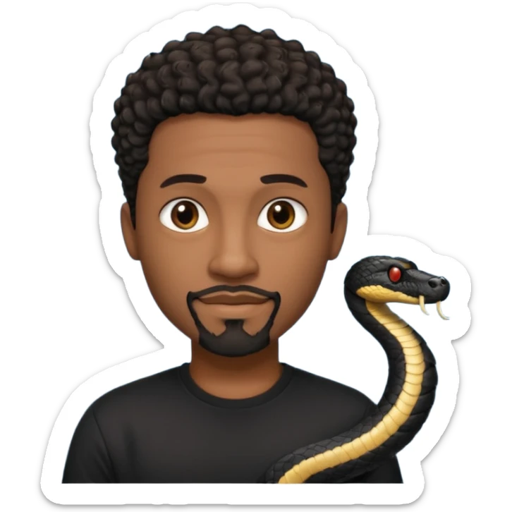 Homme noir de peau,  yeux marron avec un bouc sans la moustache, cheveux noir court et bouclé crépus avec un dégradé sur le côté, avec un cobra à côté , t-shirt noir  sticker