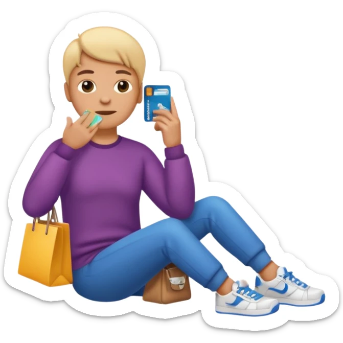 Emoji-style illustration of a person holding a credit card, hand on chin thinking. A thought bubble above the head showing clothes, sneakers, and a shopping cart, representing deciding whether to spend money. Clean, modern emoji style, bright colors, white or transparent background. sticker