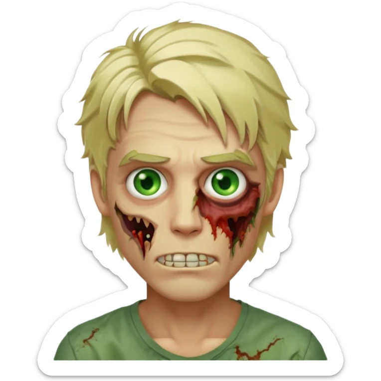 handsome male zombie with tousled blonde mid-length hair and bright green eyes, slight smile, iOS-style emoji sticker