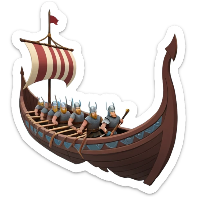 clash-of-clans-aesthetic_-cinematic-viking-longboat, rendered in a flat, bold vector style with minimal shading, featuring a striking dragon-headed prow slicing through icy, churning waters. shields on the side and vikings rowing The longboat’s intricately detailed shields and carved motifs evoke a sense of epic adventure and Nordic might, with billowing sails catching a dramatic, stormy sky backdrop. sticker