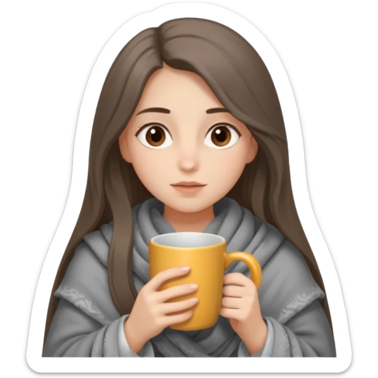 Brown-eyed, fair-skinned girl with long hair down to her shoulders, wrapped in a gray blanket, drinking from a New Year's mug sticker