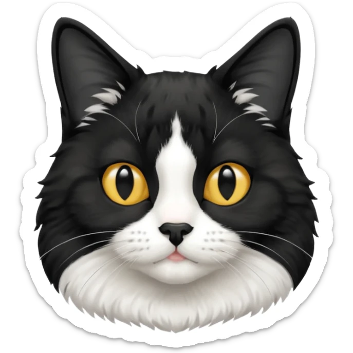A tuxedo cat, top half body, a black mark near his mouth under the nose sticker